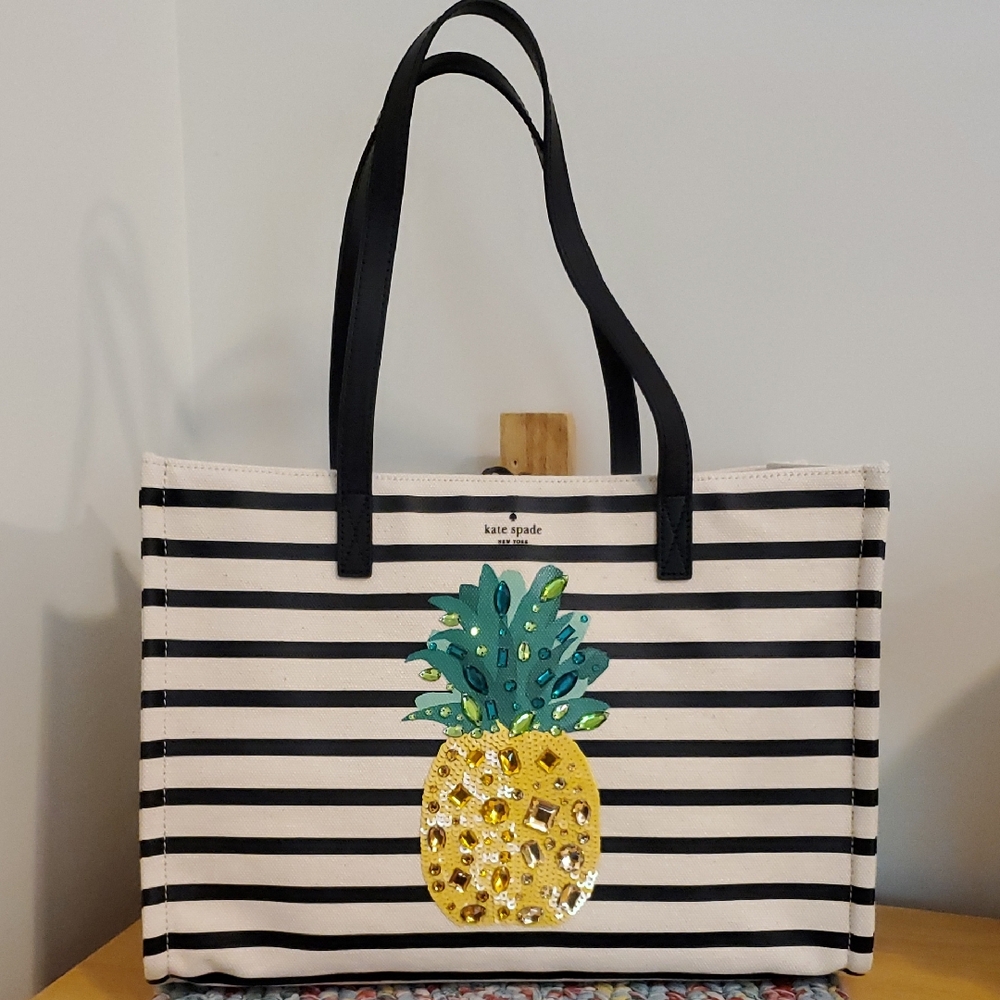 New Kate Spade Pineapple Embellished Canvas Large Book Tote 14.5"L x 11"H